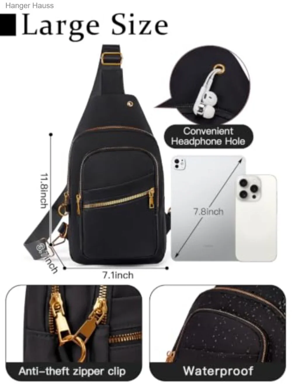 Waterproof RFID Sling Bag Crossbody Backpack for Travel Hiking, Adjustable Strap